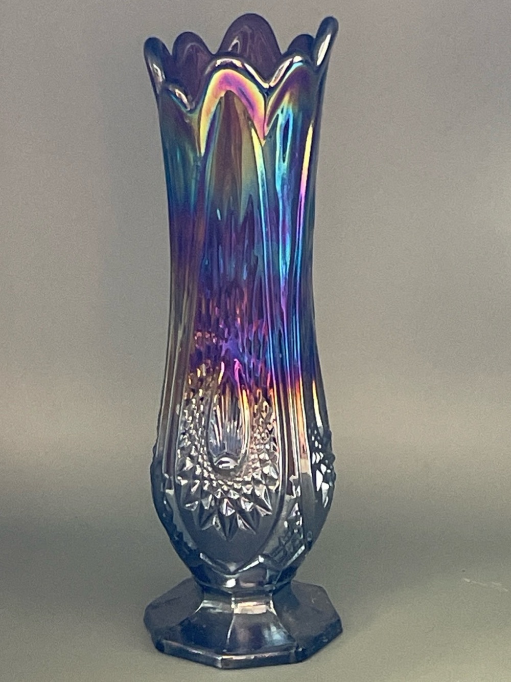 Indiana Glass Amethyst Iridescent Carnival Glass Swung Vase Vintage MCM 10" Tall